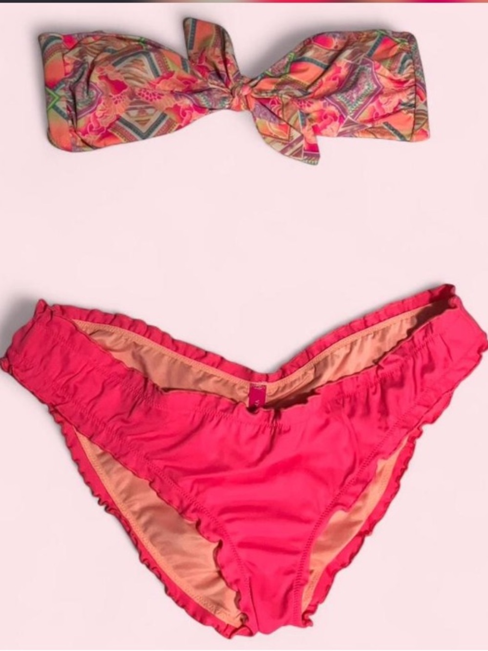 Victoria's Secret Neon Pink & Coral Bikini Set Lettuce Cut Bottoms Strapless